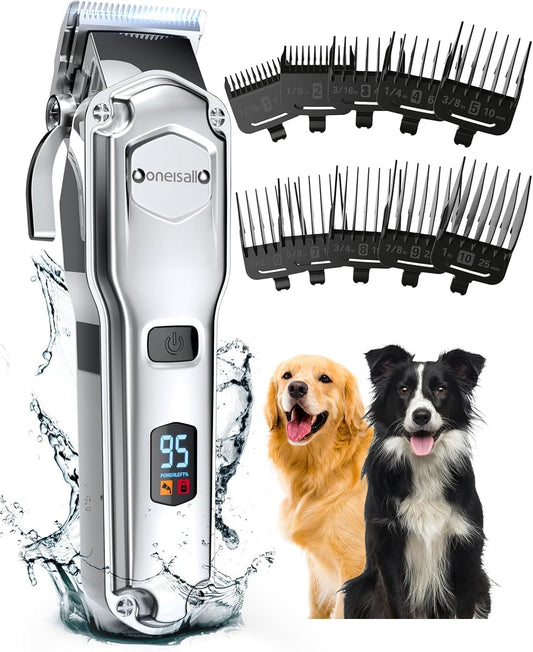 HOToneisall Dog Clippers for Grooming Thick Heavy Coats | Low Noise,Rechargeable Cordless,Detachable Stainless Steel Blade,IPX7 Waterproof,10 Guide Combs,for Thick/Double/Curly Hair