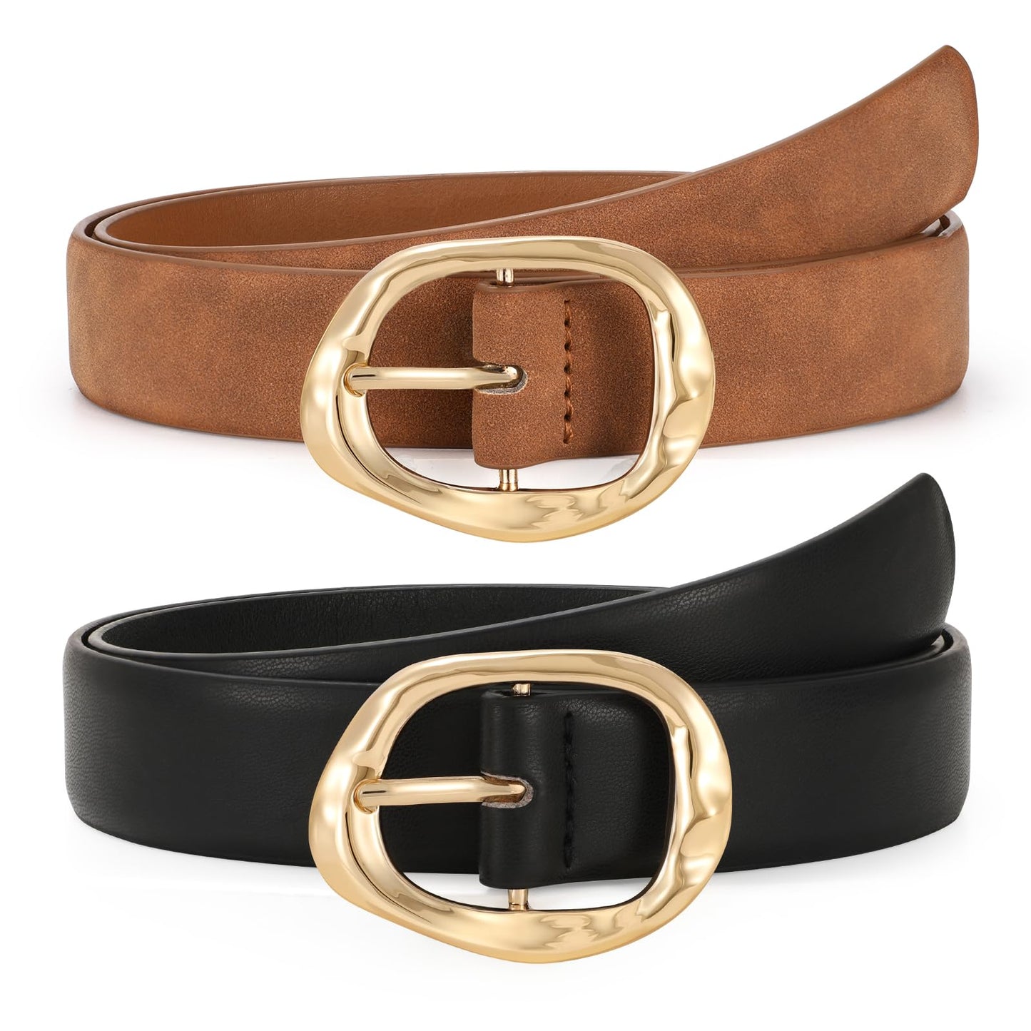 HOTTRIWORKS 2 Pack Leather Belts for Women Fashion Waist Belt with Liquid Shapes Women Belt for Jeans Pants Dresses