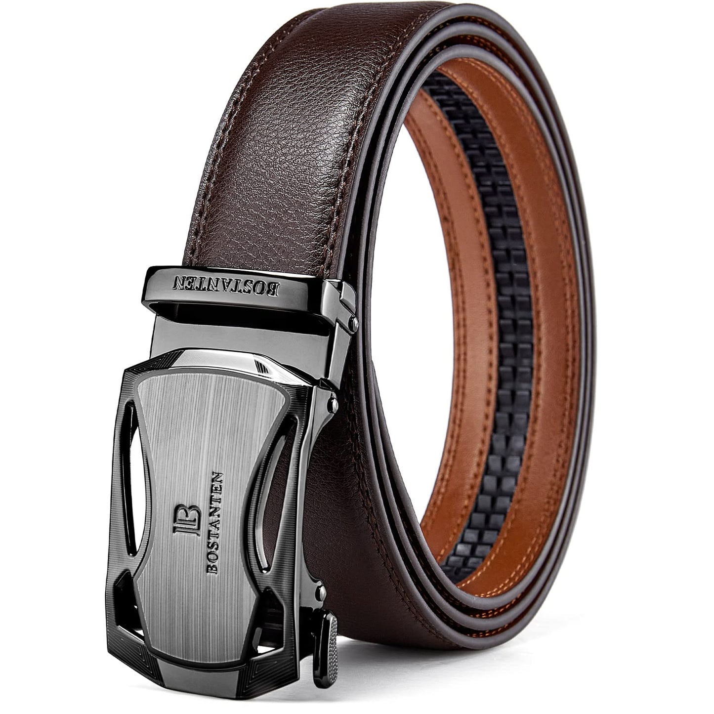 HOTBOSTANTEN Mens Belt Leather Ratchet Belt For Men Dress and Casual with Adjustable Buckle, Trim to Fit