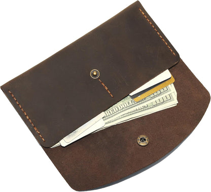 HOTHandmade Crazy Horse Genuine Leather Envelope Wallet, Card Holder with 2 Card Slots Vintage Slim Hand-Stitched Wallet