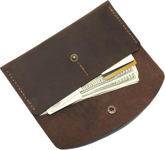 HOTHandmade Crazy Horse Genuine Leather Envelope Wallet, Card Holder with 2 Card Slots Vintage Slim Hand-Stitched Wallet