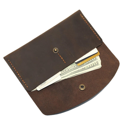 HOTHandmade Crazy Horse Genuine Leather Envelope Wallet, Card Holder with 2 Card Slots Vintage Slim Hand-Stitched Wallet