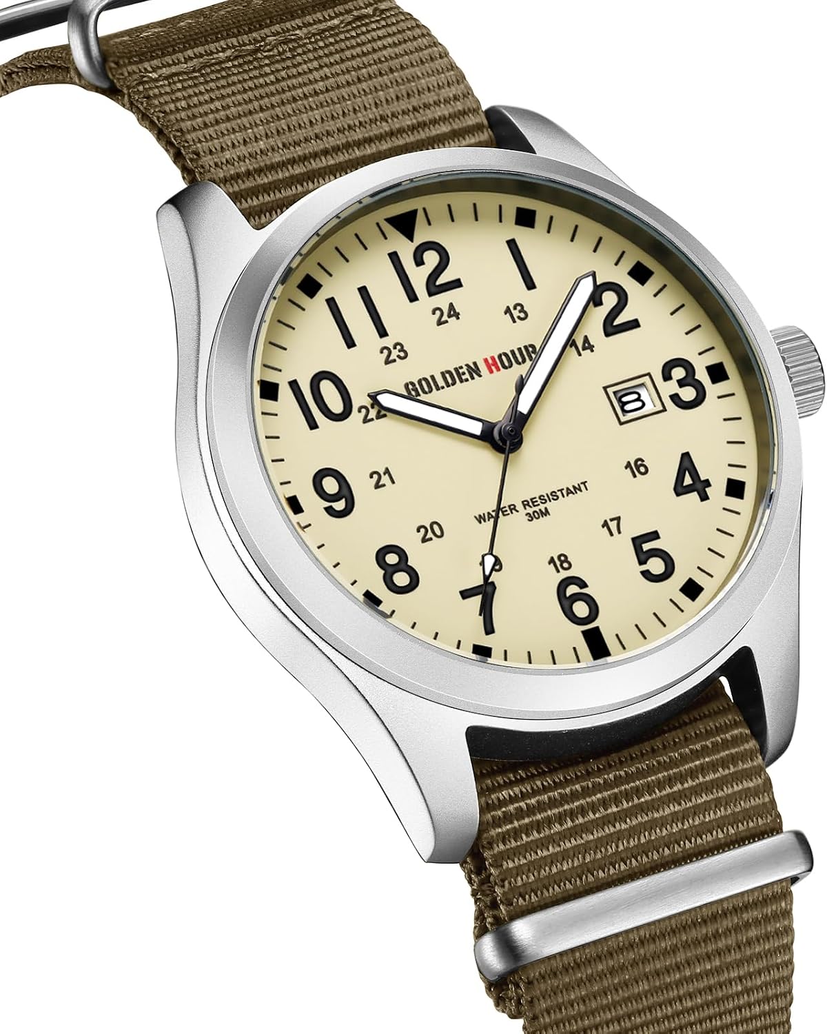 HOTGOLDEN HOUR Men's Nylon Slip-Thru Strap Watch with Military Time Easy Read Dial Glowing Hands