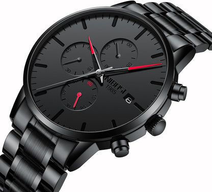 HOTNIBOSI Men's Analog Chronograph Watch, Minimalist Black Dial with Date | Waterproof Stainless Steel Strap, Business Fashion Casual Quartz Wrist Watches for Men
