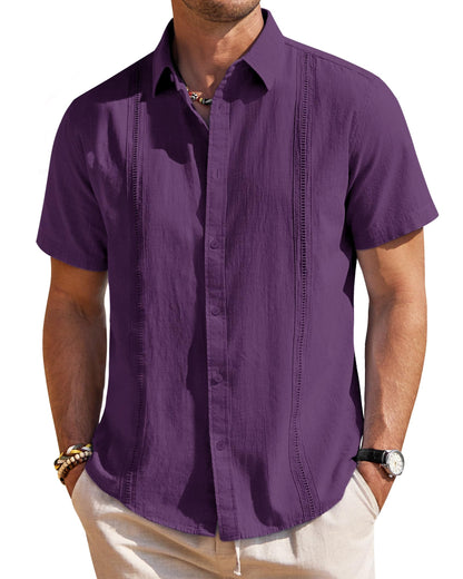 HOTMens Linen Textured Shirt Short Sleeve Button Down Cuban Guayabera Shirt | 100% Cotton, Casual Wear, Lightweight Breathable, Summer Beach, Untucked, Relaxed Fit, Vacation, Cruise, Camp, Collared