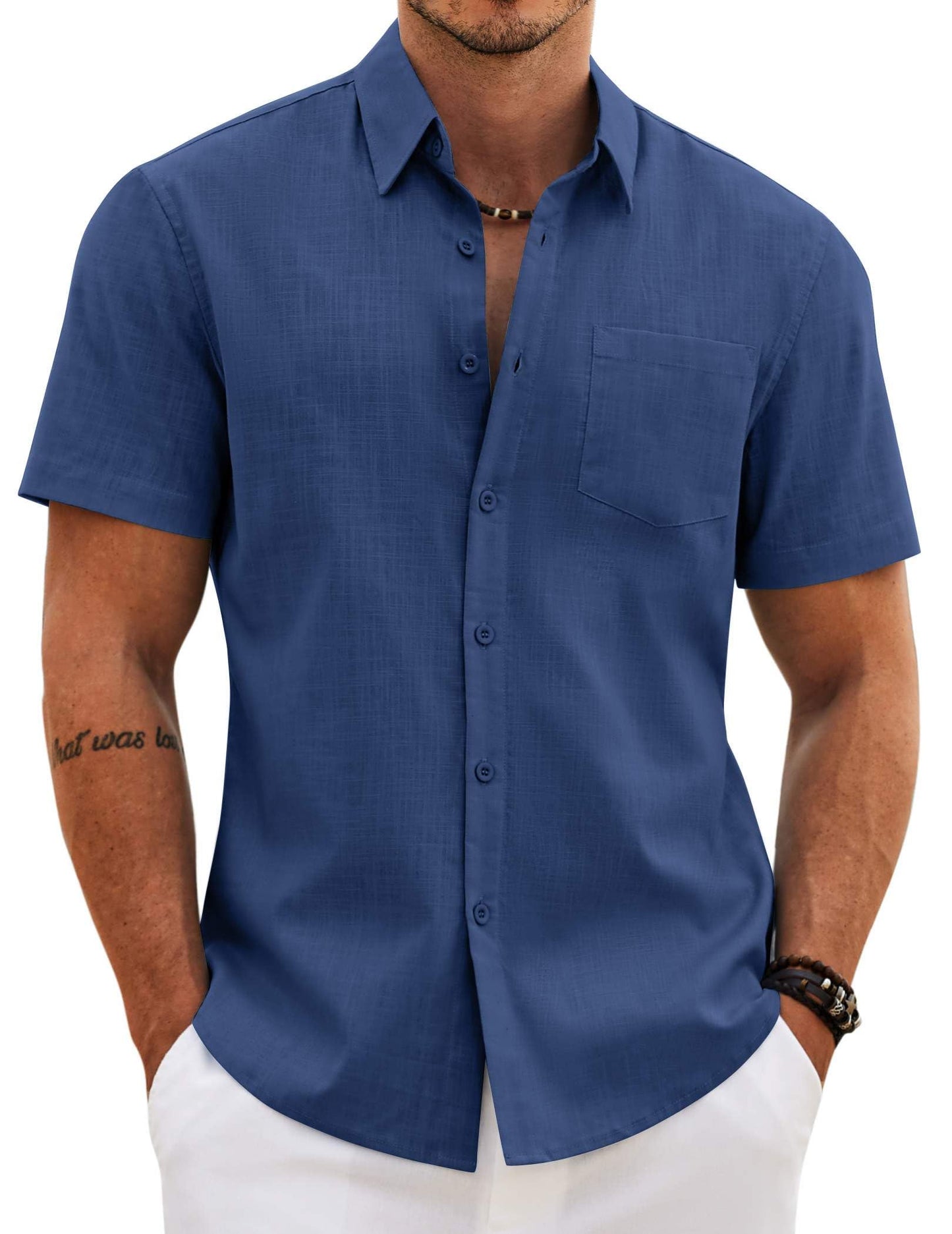 HOTCOOFANDY Men's Button Down Short Sleeve Shirt Casual Cotton Summer Beach Wedding Linen Shirts with Pocket