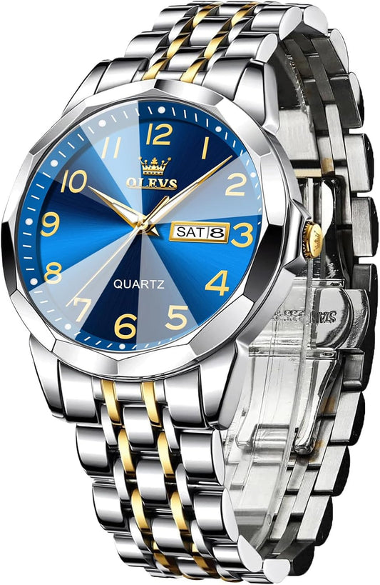 HOTOLEVS Men's Casual Stainless Steel Watch, Big Face Easy to Read Analog Quartz Watch with Day and Date, Classic Waterproof Diamond Roman Arabic Numeral Dial Dress Watch for Men, Gold Silver Black Band