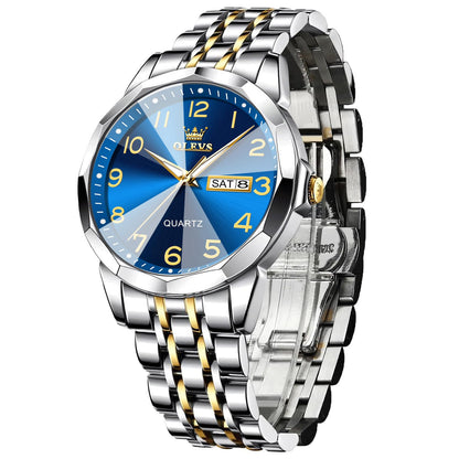 HOTOLEVS Men's Casual Stainless Steel Watch, Big Face Easy to Read Analog Quartz Watch with Day and Date, Classic Waterproof Diamond Roman Arabic Numeral Dial Dress Watch for Men, Gold Silver Black Band