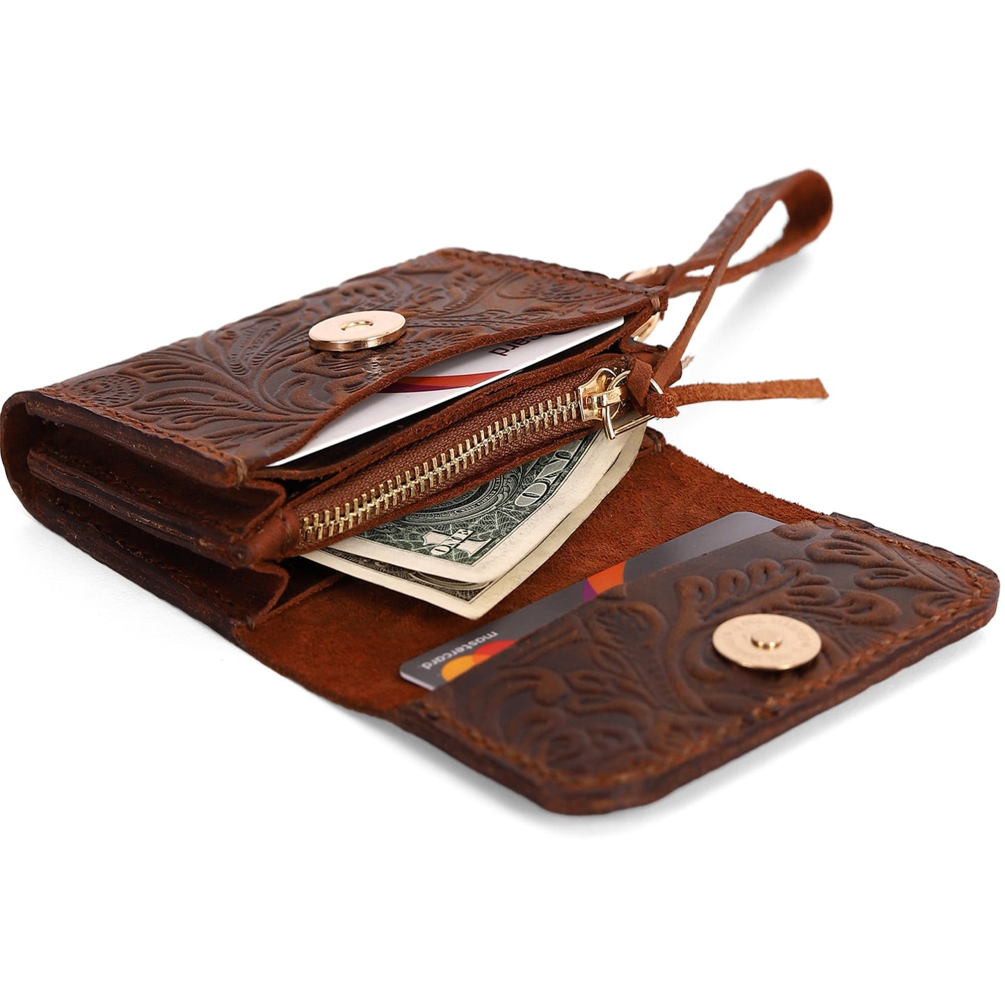 HOTToros Craft Handmade Leather Wallets for Women, Western Wristlet Wallets, Floral Leather Small Credit Card Holder with Zipper, Minimalist & Cute Coin Pouch, Genuine Leather, Camel