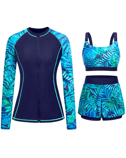 HOTDaci 3 Piece Rash Guard Set with 3'' Shorts | UPF 50+ Sun Protection, Long Sleeve Swim Shirt, High Rise, Built-in Bra, Removable Pads, for Beach, Pool, and Surfing