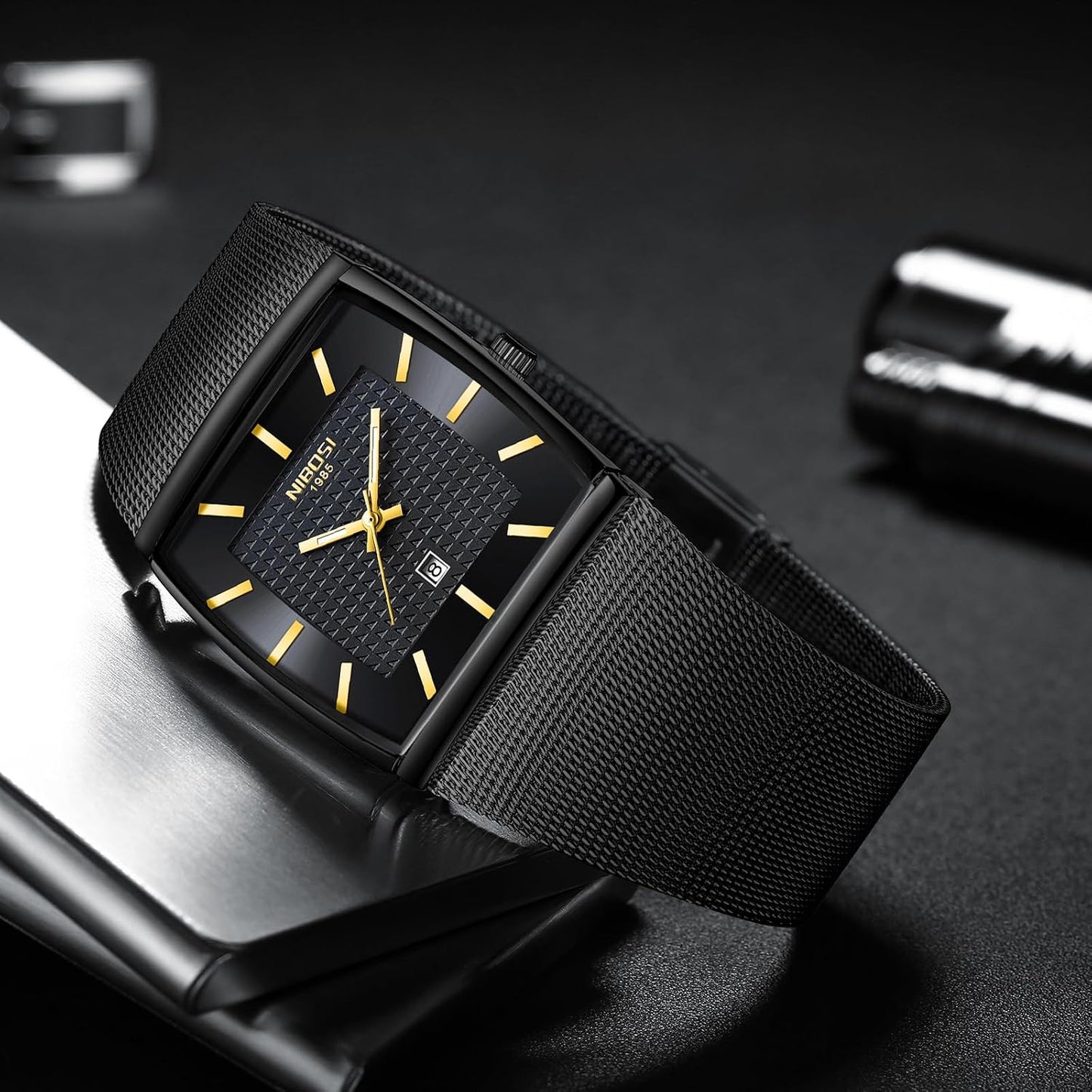 HOTNIBOSI Men Watches Square Analog Quartz Stainless Steel Watches for Men Mesh Strap Waterproof Business Military Sport Wrist Watch with Date