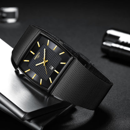 HOTNIBOSI Men Watches Square Analog Quartz Stainless Steel Watches for Men Mesh Strap Waterproof Business Military Sport Wrist Watch with Date