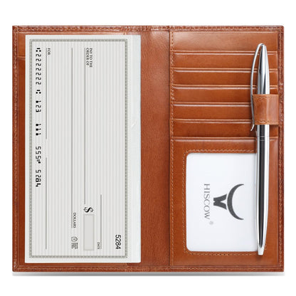 HOTHISCOW Leather Checkbook Cover with Card Slots & Pen Holder, Brown | Full grain cowhide, 5cc & ID window, personal check book & register pockets, removable duplicate divider, gifts for women men