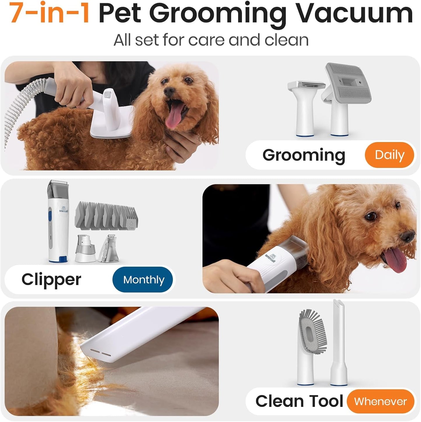 HOToneisall Dog Grooming Vacuum, Pet Grooming Vacuum with Clipper Nail Grinder, 1.5L Dust Cup Dog deshedding Brush with 7 Tools for Shedding Pet Hair, Home Cleaning(Blue)