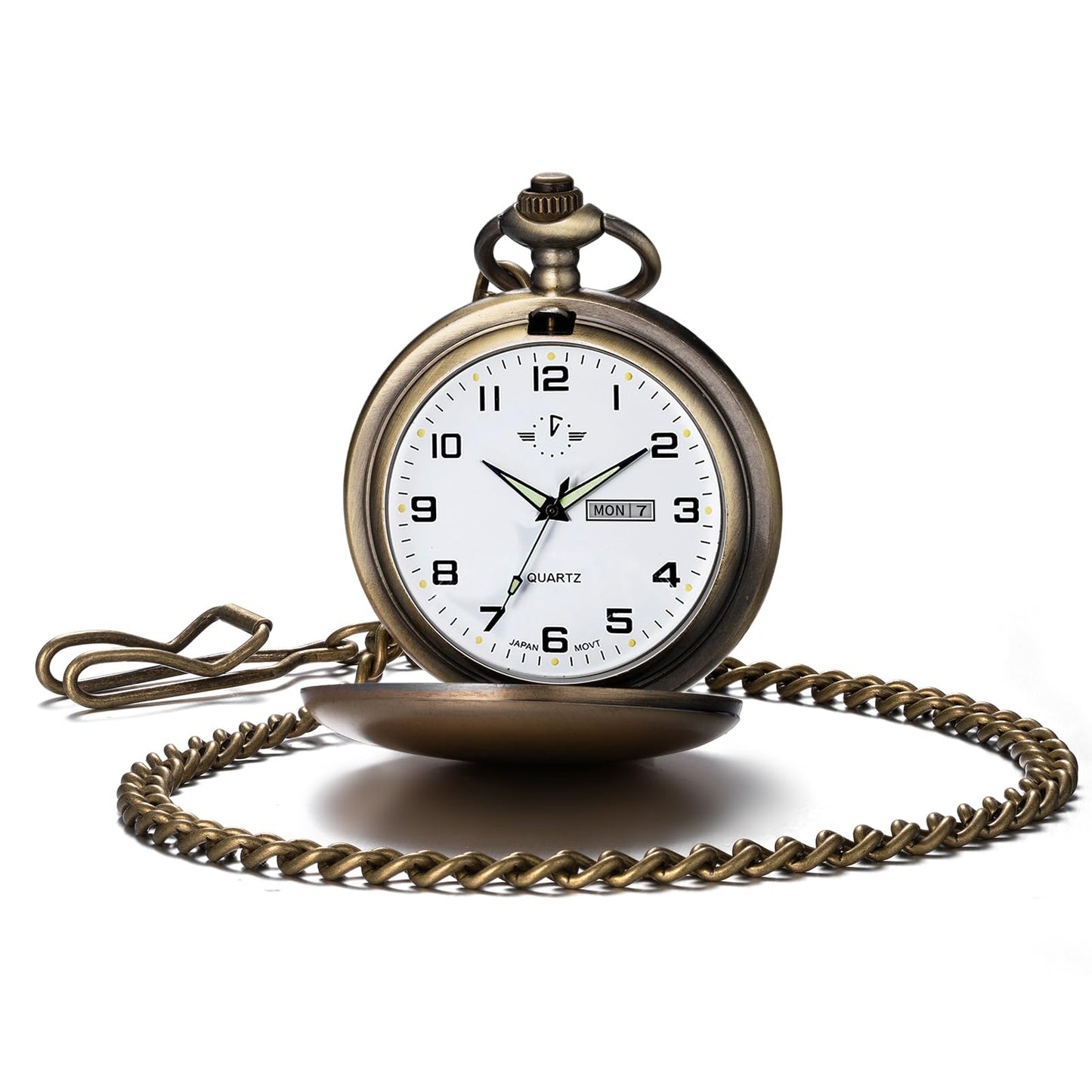 HOTBOSHIYA Smooth Quartz Pocket Watches for Men Classic Arabic Digital Luminous Dial & Day Date Pocket Watch with Chain Christmas Graduation Birthday Gifts