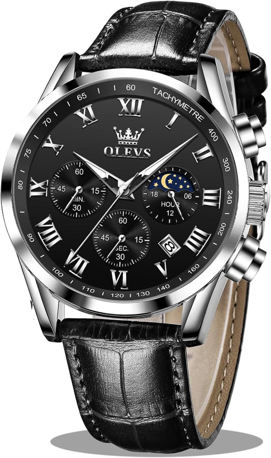 HOTOLEVS Men's Leather Analog Quartz Watch Luxury Chronograph Watch Waterproof