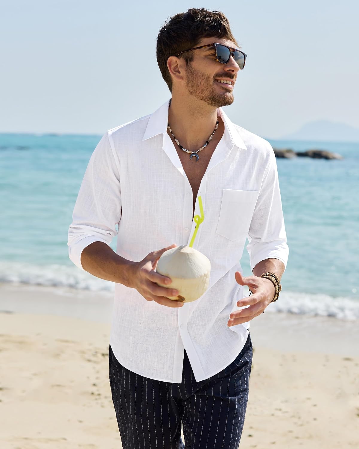 HOTAlimens & Gentle Mens Cotton Linen Textured Shirt Long Sleeve Button Down Shirts Casual Summer Beach Wedding Tops with Pocket