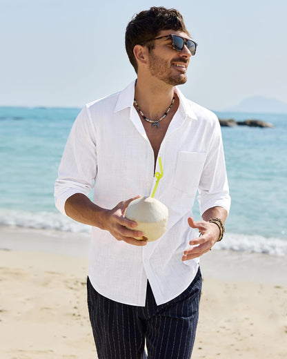 HOTAlimens & Gentle Mens Cotton Linen Textured Shirt Long Sleeve Button Down Shirts Casual Summer Beach Wedding Tops with Pocket