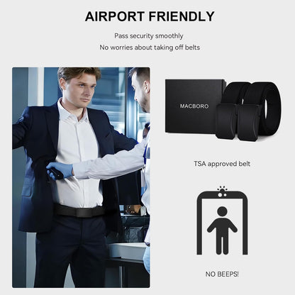 HOT2-Pack TSA Non-Metal Belt for Men, 1.38" Stretch Nylon Ratchet Belt, Trim to Fit, Airport Friendly, Black