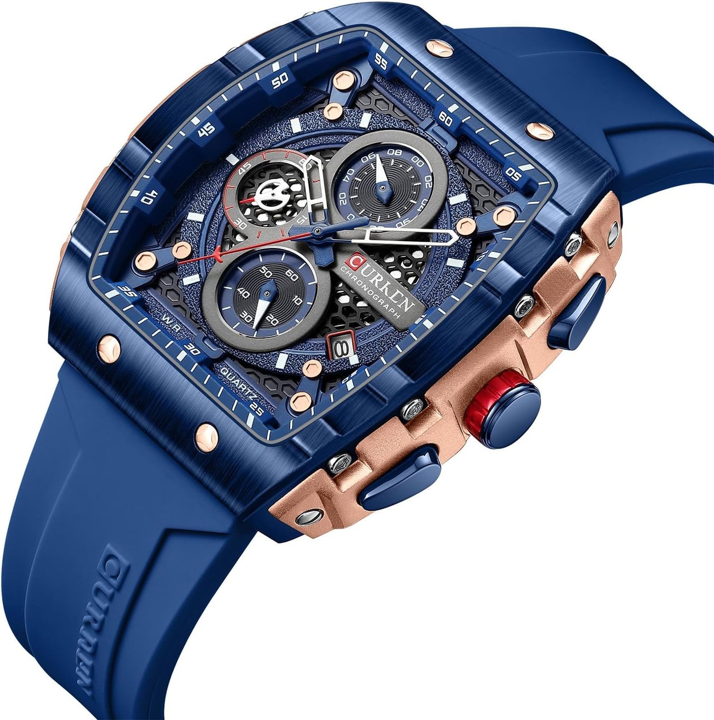 HOTPASOY Men's Chronograph Watch, Big Face, Tonneau Case, Rubber Strap | 47mm analog quartz watch, working chronograph with 1/10-second, second and minute subdials, date, stainless steel case