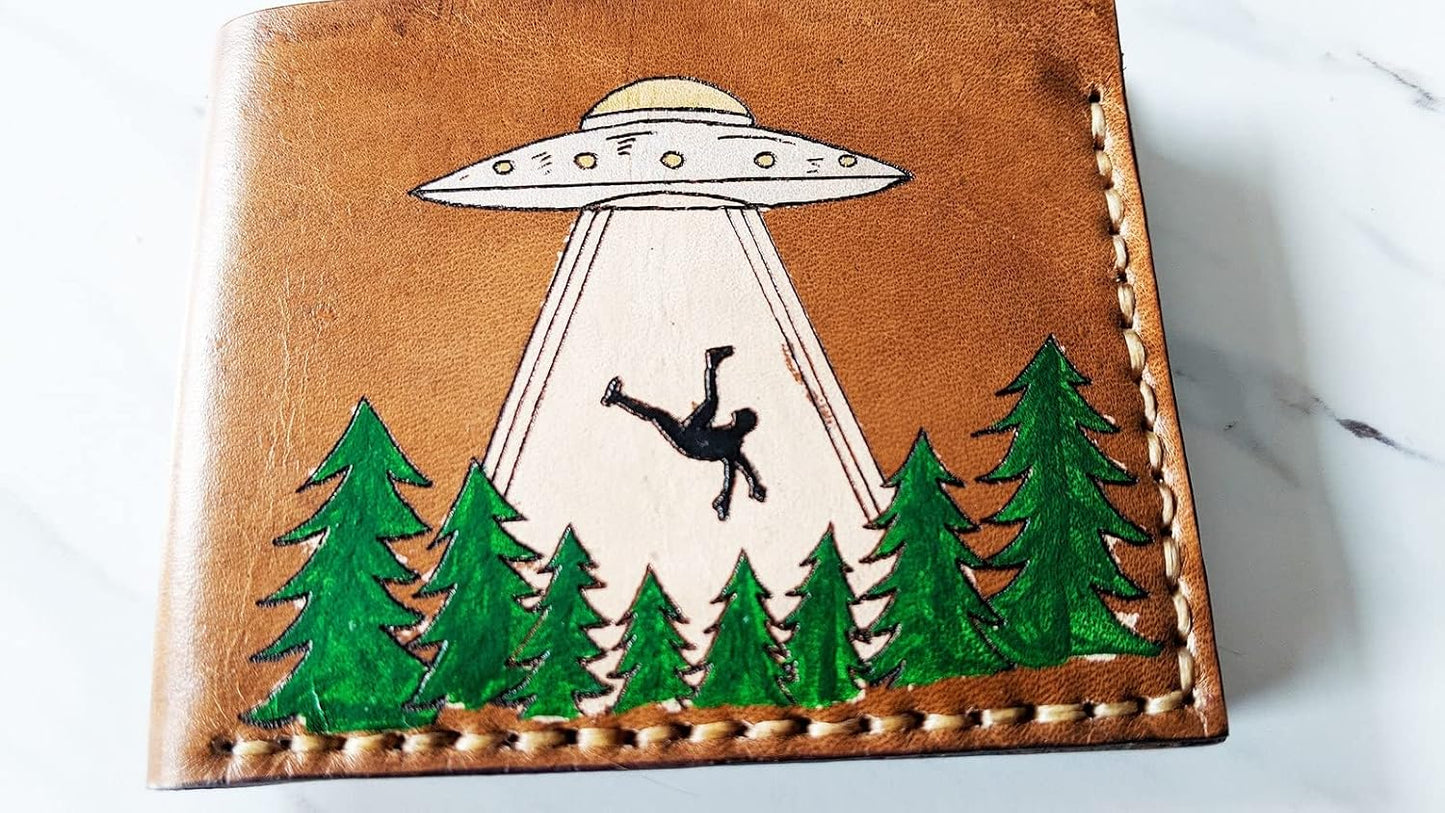 HOTUFO abduction wallet, Men's 3D Genuine Leather Wallet, Handmade wallet, Carved wallet, Tooled wallet, Airbrush Art, Biker wallet, Custom wallet, Personalized wallet