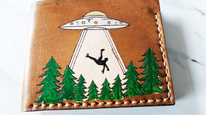 HOTUFO abduction wallet, Men's 3D Genuine Leather Wallet, Handmade wallet, Carved wallet, Tooled wallet, Airbrush Art, Biker wallet, Custom wallet, Personalized wallet