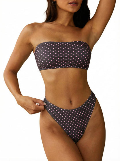HOTZAFUL Women Strapless Bandeau Bikini 2 Piece Swimwear Lace up Bathing Suits | Strapless Textured Bikini Set Cheeky Solid Bandeau Bathing Suits
