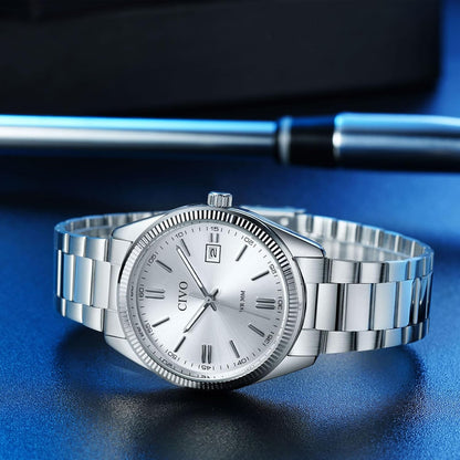 HOTCIVO Analog Mens Watches Silver: Wrist Watches with Date Easy to Read | Dress Stainless Steel Watch for Men, Gifts for Husband Father at Birthday Anniversary