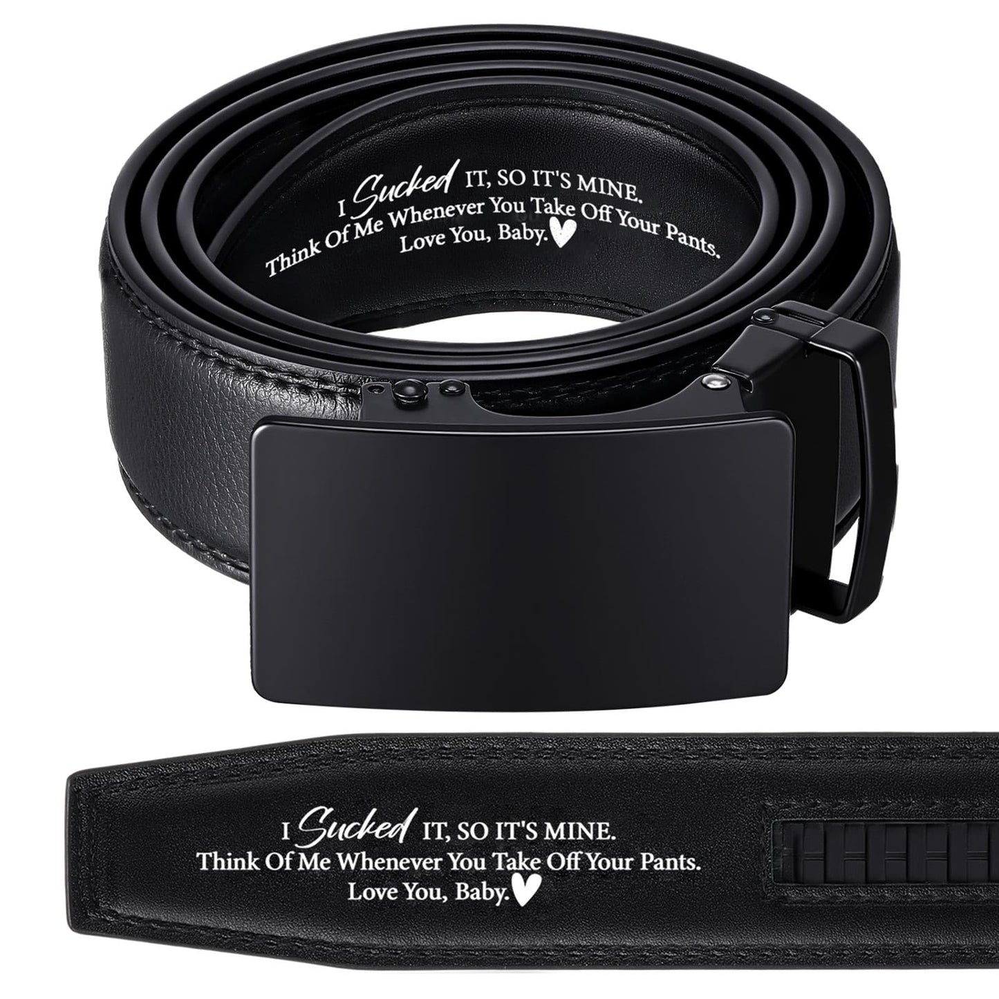 HOTMens Belt Personalized Engraved I Sucked It So Its Mine Belt Leather Slide Ratchet for Husband Wedding Dress Casual