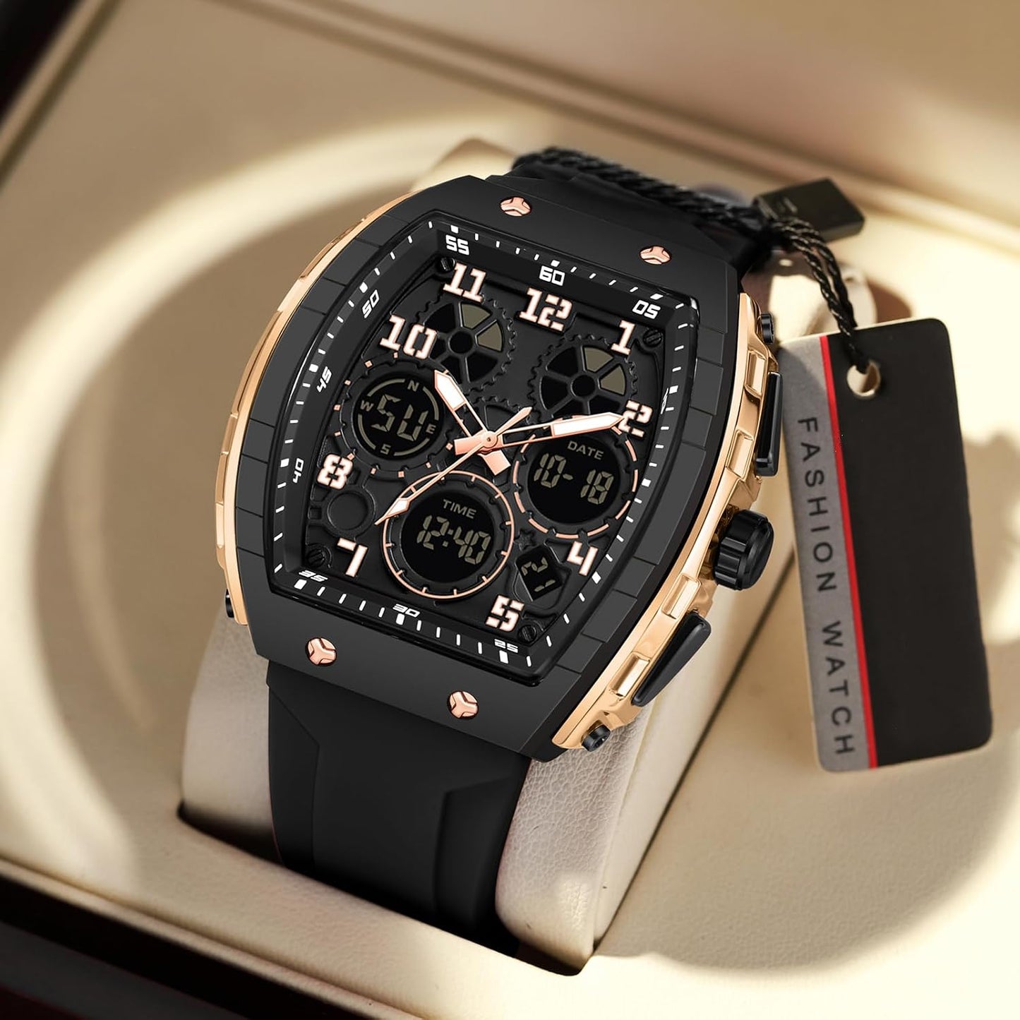 HOTfindtime Watches for Men Relojes para Hombres Wristwatch with Digital Analog Dual Time Display Countdown Stopwatch Punk Cool Design 5ATM Waterproof Mens Watch | Reloj de Hombre Rectangle Design Digital Analog Dual Time Display Countdown Stopwatch Punk