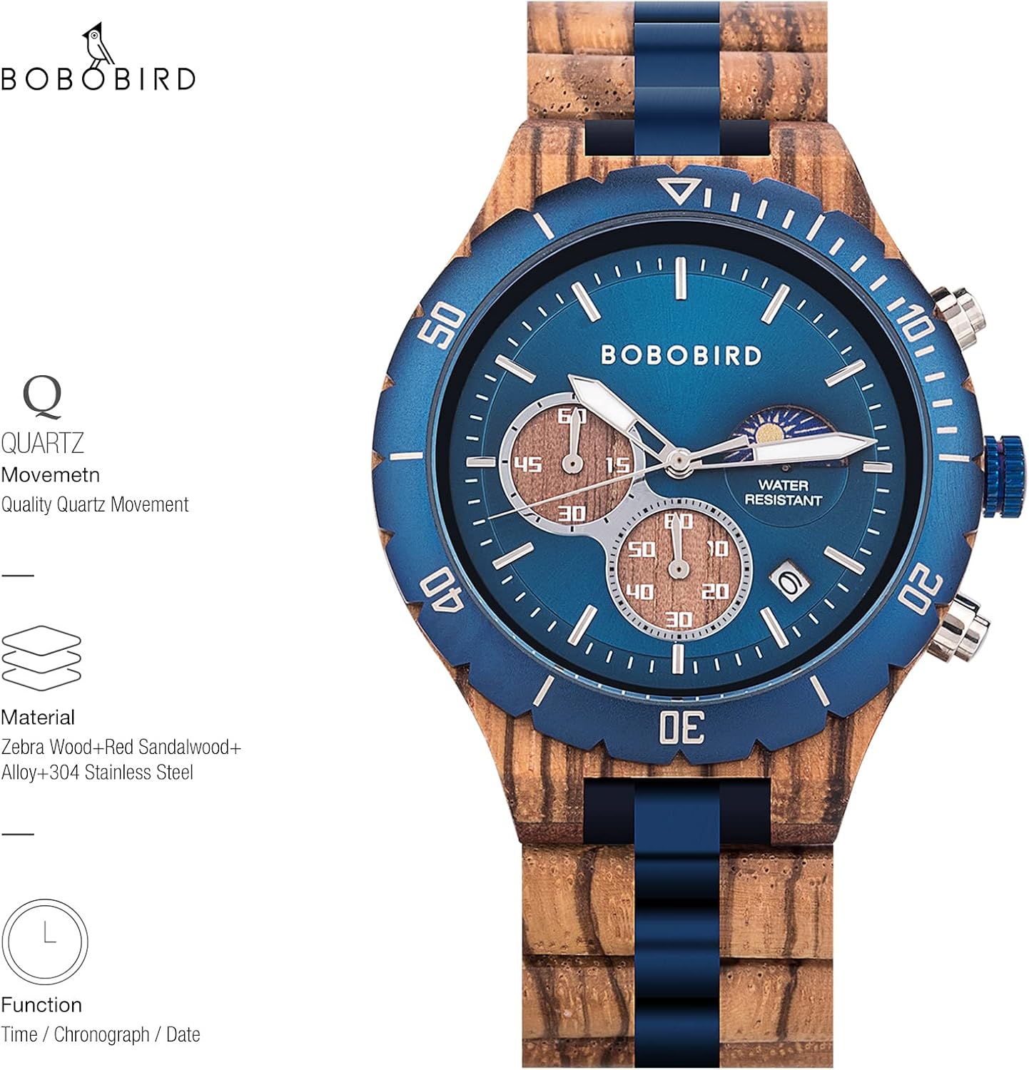 HOTBOBO BIRD Mens Quartz Wooden Watches Stainless Steel Red Sandalwood Alloy Wood Watch for Male Classic Function Wristwatch Chronograph Luminous Hands Day and Night Date Display
