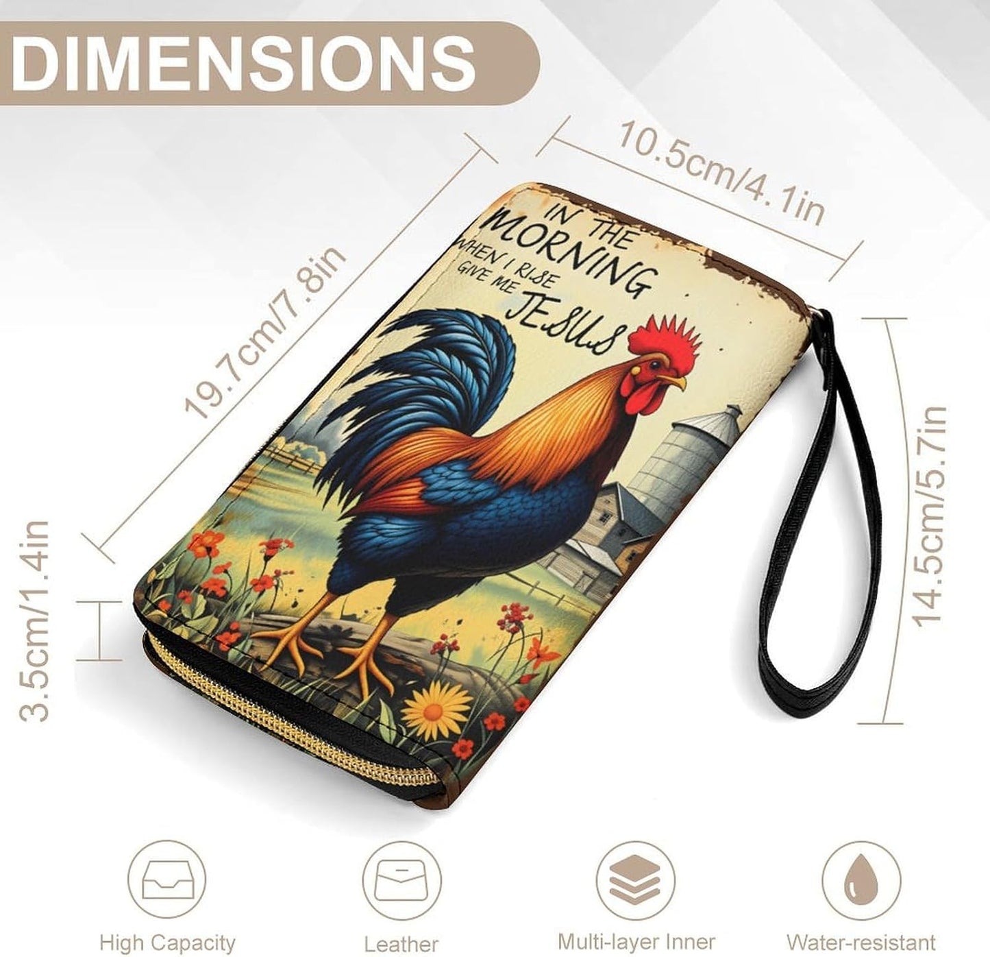 HOTVintage Rooster Chicken Wallet Women Large Capacity Clutch Purse Wristlet with Phone Pocket, Card Holder & Zipper Coin Compartment