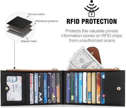 HOTBOSTANTEN Leather Wallets for Women Large RFID Blocking Slim Bifold Purse Card Holder with Zipper Pocket Black＆Brown