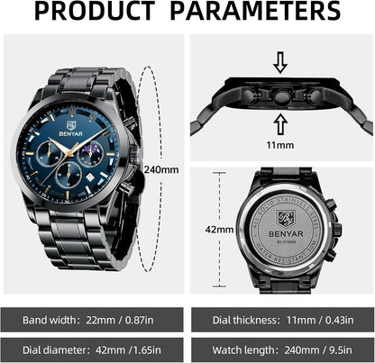HOTBENYAR Mens Watches Analog Quartz Chronograph Waterproof Wrist Watches for Men Fashion Business Work Casual Sport Designer Dress Watch with Calendar Elegant Gifts for Men