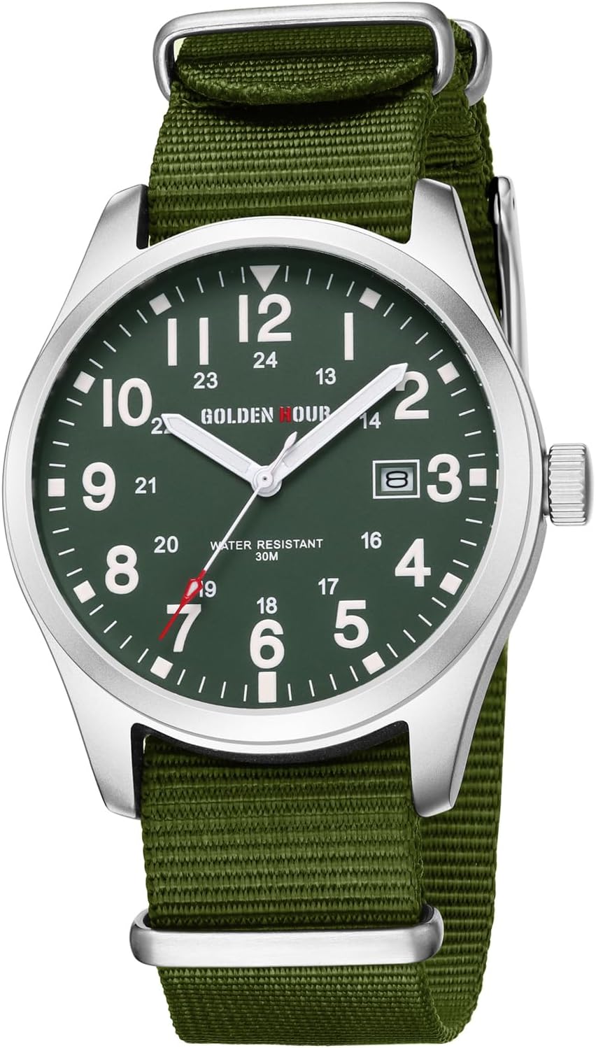 HOTGOLDEN HOUR Men's Nylon Slip-Thru Strap Watch with Military Time Easy Read Dial Glowing Hands