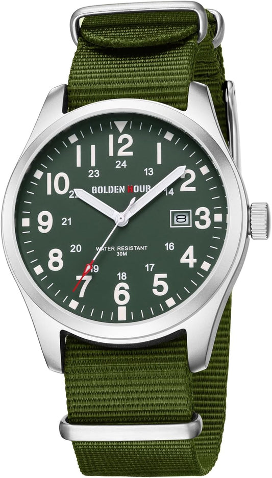 HOTGOLDEN HOUR Men's Nylon Slip-Thru Strap Watch with Military Time Easy Read Dial Glowing Hands