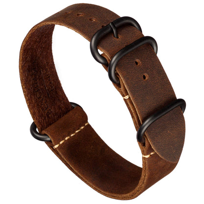 HOTBenchmark Leather Watch Band - Crazy Horse Oiled Leather One-Piece Military Watch Strap - Brushed Stainless-Steel Hardware - 18mm, 20mm, 22mm or 24mm Widths