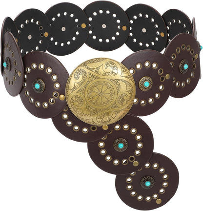 HOTXZQTIVE Western PU Leather Belts for Woman Concho Cowgirl Cowboy Disc Belt for Ladies Wide Boho Country Waist Belts for Dress