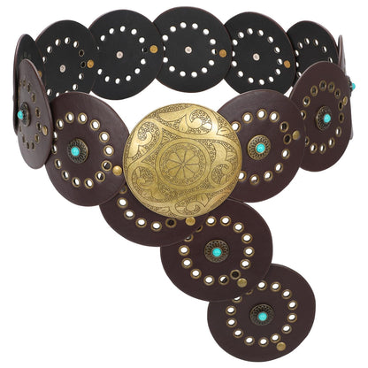 HOTXZQTIVE Western PU Leather Belts for Woman Concho Cowgirl Cowboy Disc Belt for Ladies Wide Boho Country Waist Belts for Dress