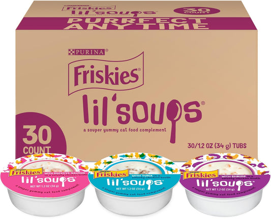 HOTFriskies Purina Grain Free Wet Cat Food Lickable Cat Treats Variety Pack, Lil' Soups With Salmon, Tuna or Shrimp - (Pack of 30) 1.2 oz. Cups