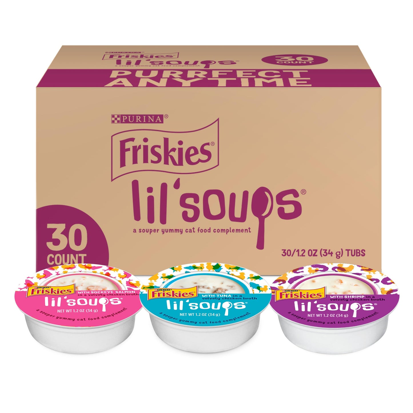 HOTFriskies Purina Grain Free Wet Cat Food Lickable Cat Treats Variety Pack, Lil' Soups With Salmon, Tuna or Shrimp - (Pack of 30) 1.2 oz. Cups