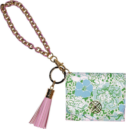 HOTLilly Pulitzer Leatherette Snap ID Card Case, Mint Condition Burst of Joy | Cute Keychain Wallet, Slim Credit Card Holder with Gold Chain Wristlet Strap and Tassel