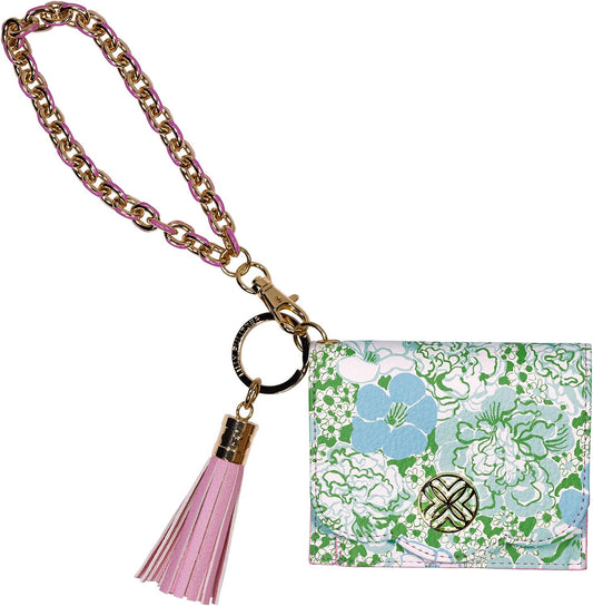 HOTLilly Pulitzer Leatherette Snap ID Card Case, Mint Condition Burst of Joy | Cute Keychain Wallet, Slim Credit Card Holder with Gold Chain Wristlet Strap and Tassel