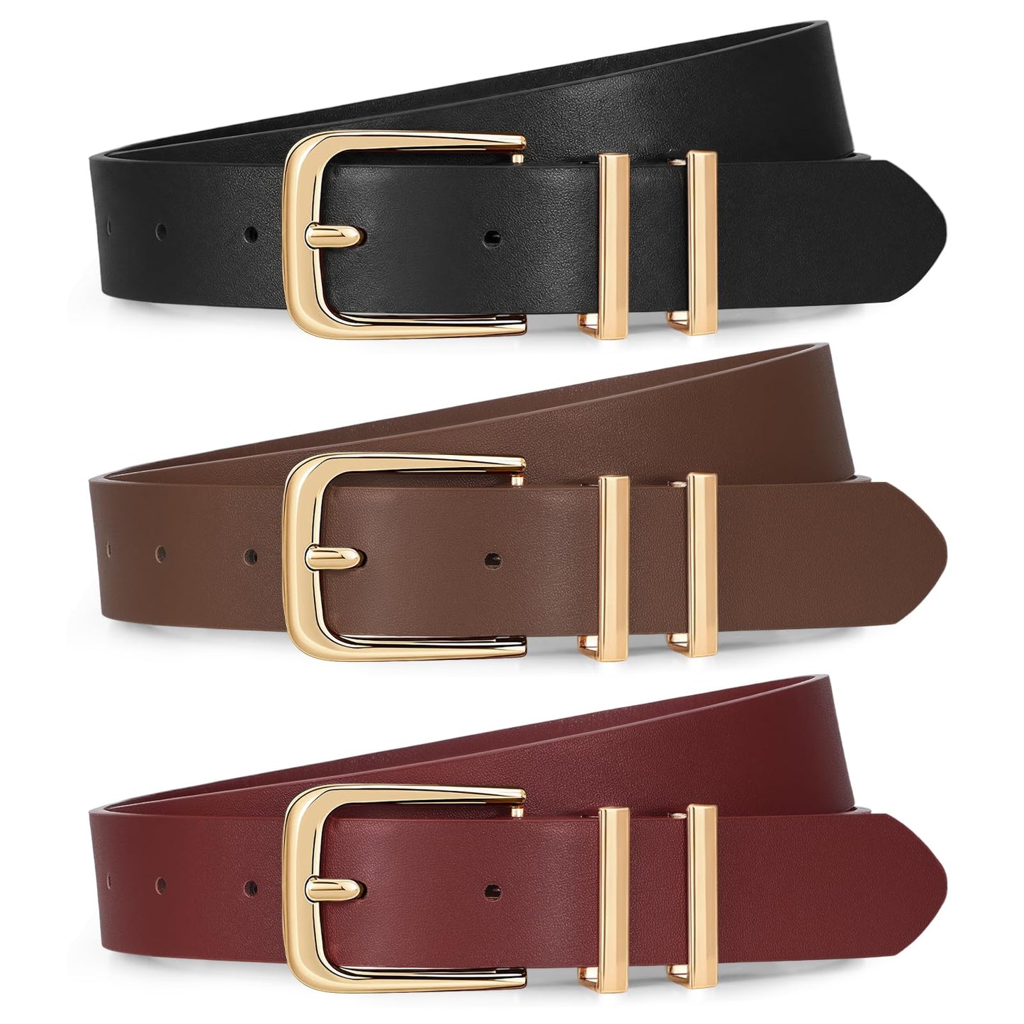 HOTXZQTIVE 3 Pack Women Belts For Jeans Dresses Pants Ladies Leather Waist Belt with Gold Buckle