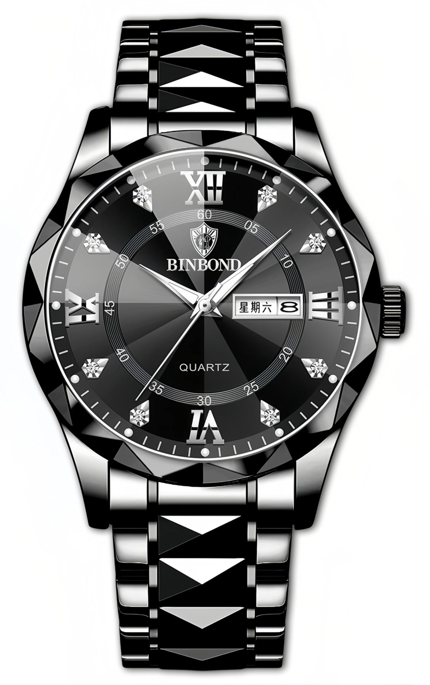 HOTGosasa Luxury Men's and Women's Business Diamond Stainless Steel Waterproof Roman Numeral Analog Quartz Watch with Day-Date Calendar, Gold and Silver Tone