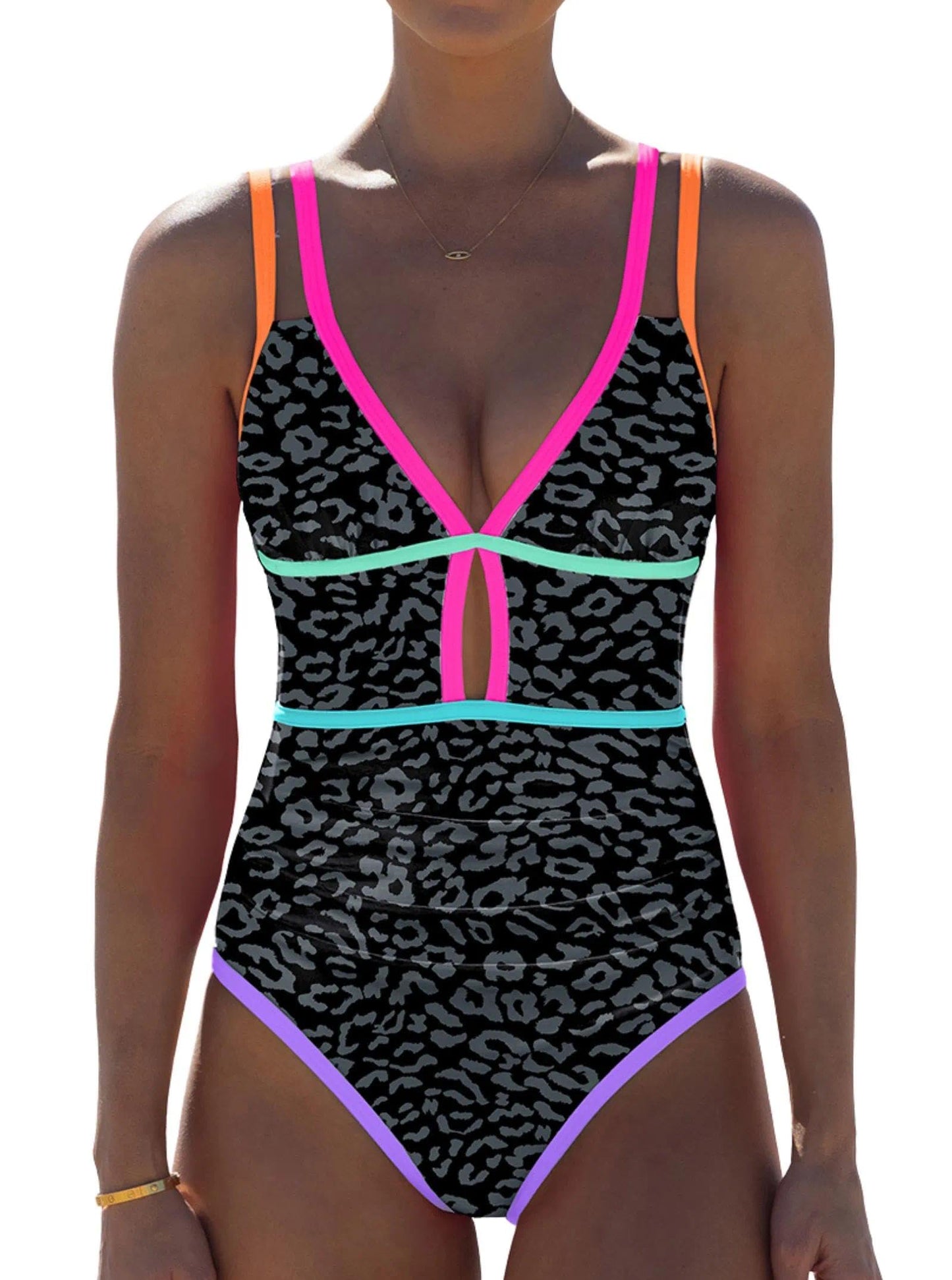 HOTpopvil Women One Piece Swimsuit 2026 Neon Tummy Control Bathing Suit | Tummy Ruched Design, Color Block, Cutout Design, Deep V Neck, Back tie,Adjustable Straps, Neon Trim,Vacation,Beach