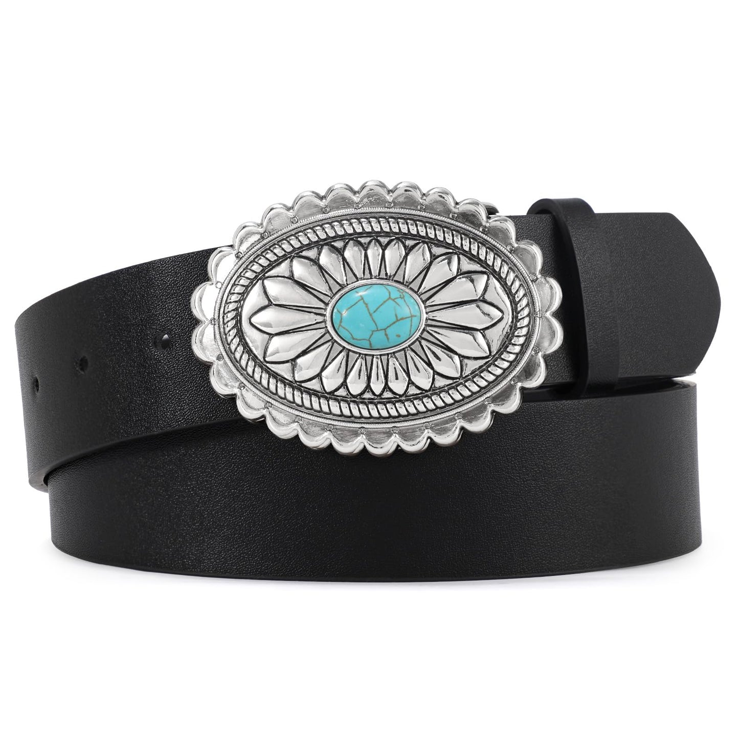 HOTXZQTIVE Women Western Leather Belt Vintage Country Belts For Cowgirl Jeans Dresses Ladies Concho Belt With Turquoise Buckle