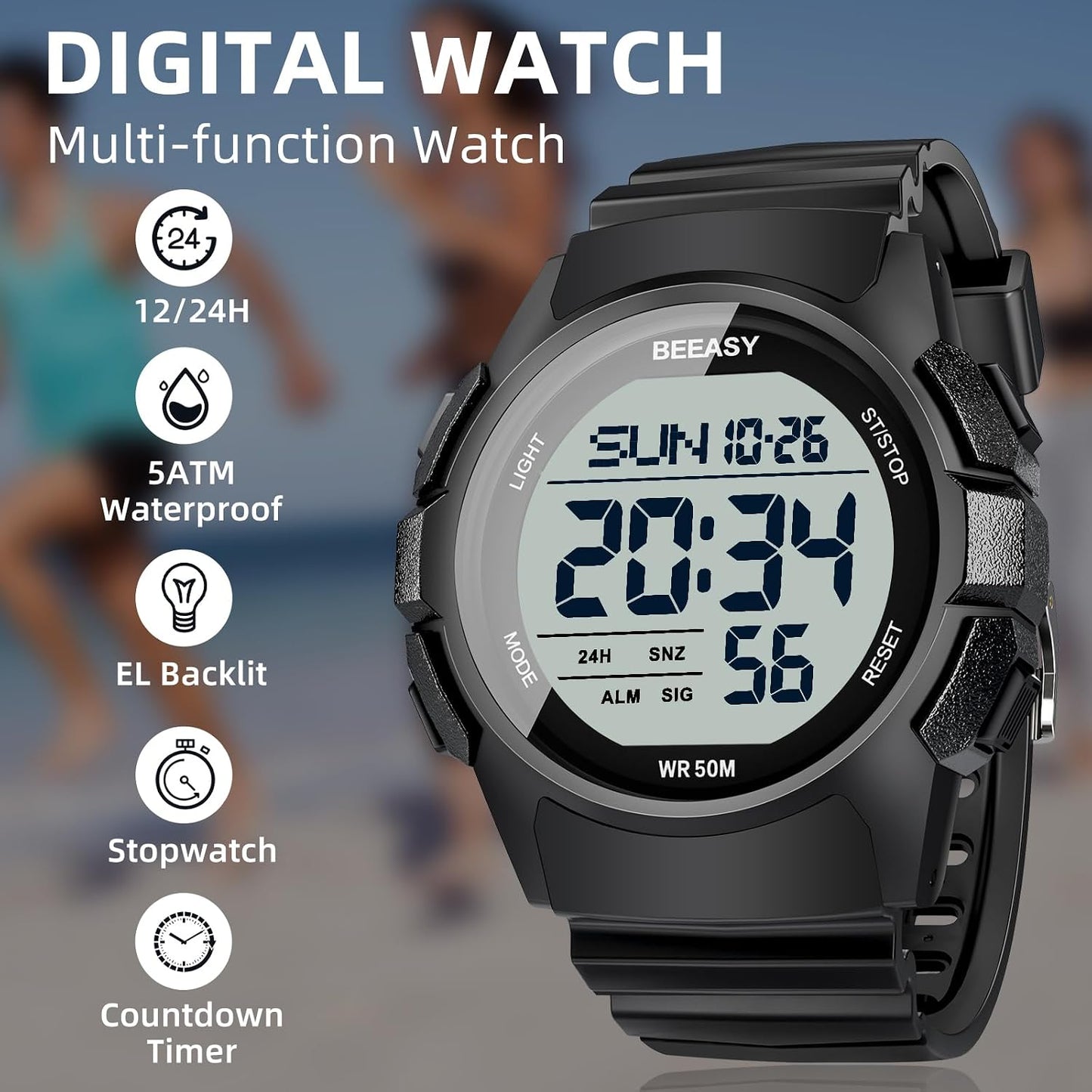 HOTBeeasy Mens Digital Sports Watch, 50M Waterproof 49mm Rubber Strap Mens Watches with Stopwatch, Countdown Timer, Alarm & Dual Time—Ideal for Sport, Gym, Running, Referee, School & Daily Wear