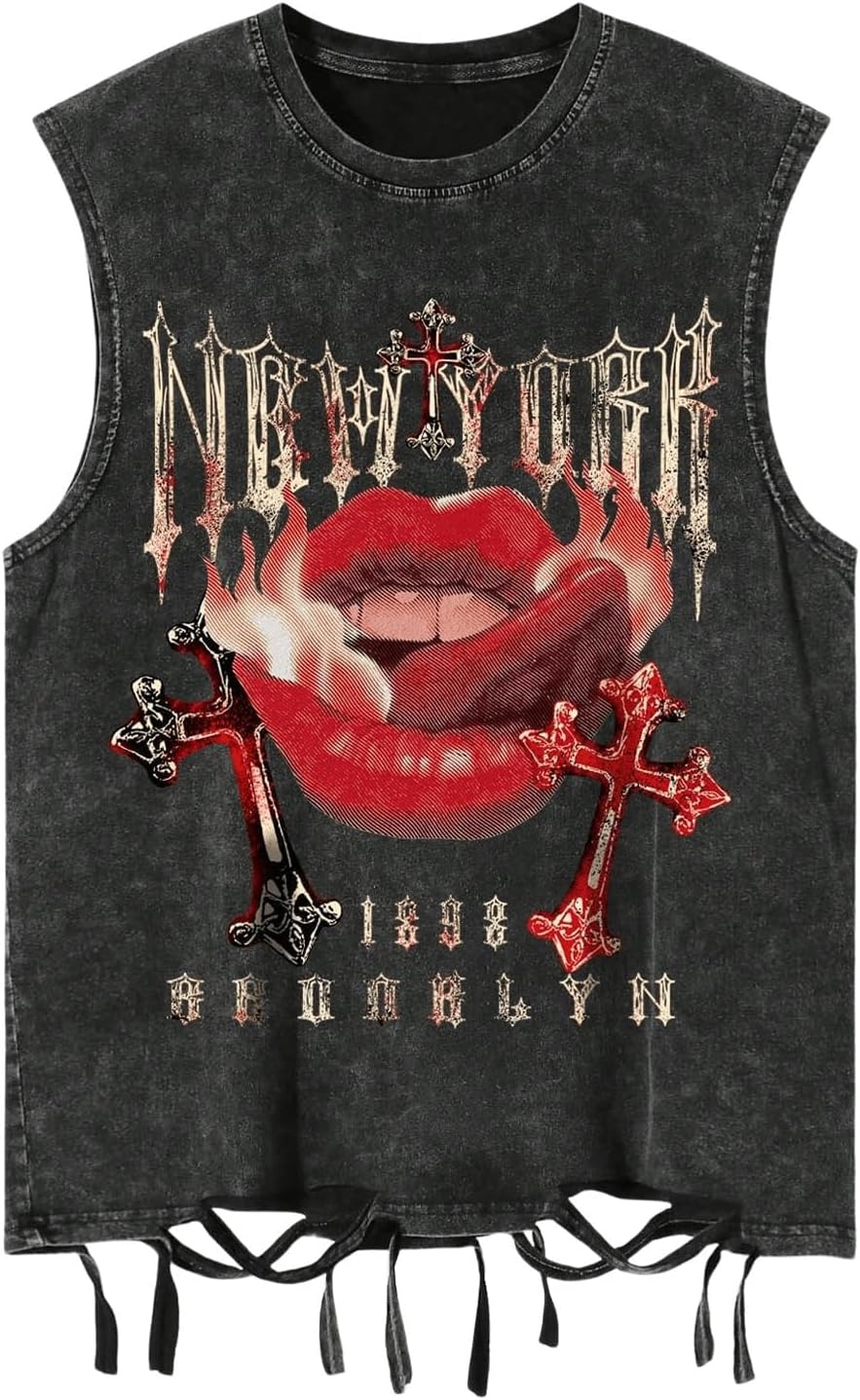 HOTVerdusa Men's Graphic Tees Y2k Grunge Hippie Tee Distressed Summer Shirt Sreetwear Sleeveless Tank Top