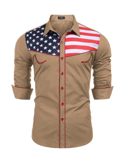 HOTCOOFANDY Men's American Flag Button Down Shirts Western Cowboy Shirt Slim Fit Patriotic Long Sleeve Shirt